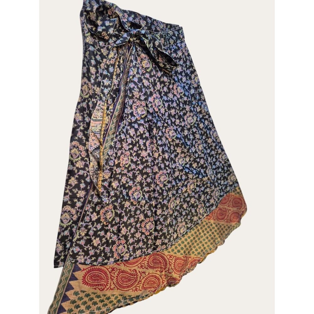 Reversible Boho Floral & Paisley Wrap Skirt Adjustable Tie Waist Multi-Color - Picture 7 of 12